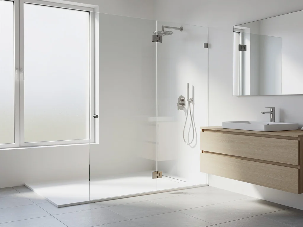 Douche de plain-pied à receveur extra-plat et paroi vitrée dans une salle de bain claire