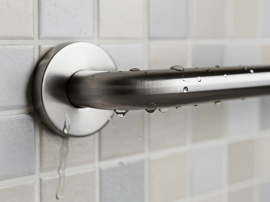Barre d'appui en inox brossé fixée sur une paroi de douche carrelée