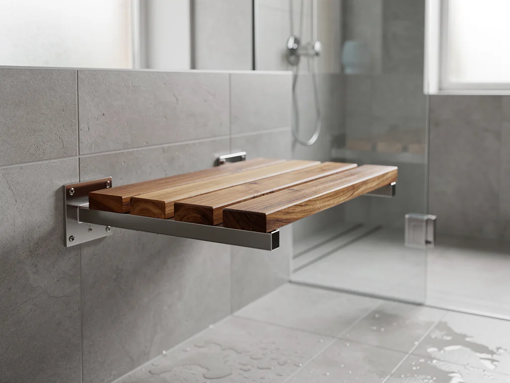 Siège de douche rabattable en bois pour se laver assis en sécurité