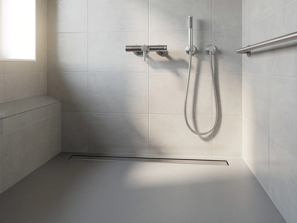 Sol antidérapant, mitigeur thermostatique et douchette dans une salle de bain adaptée