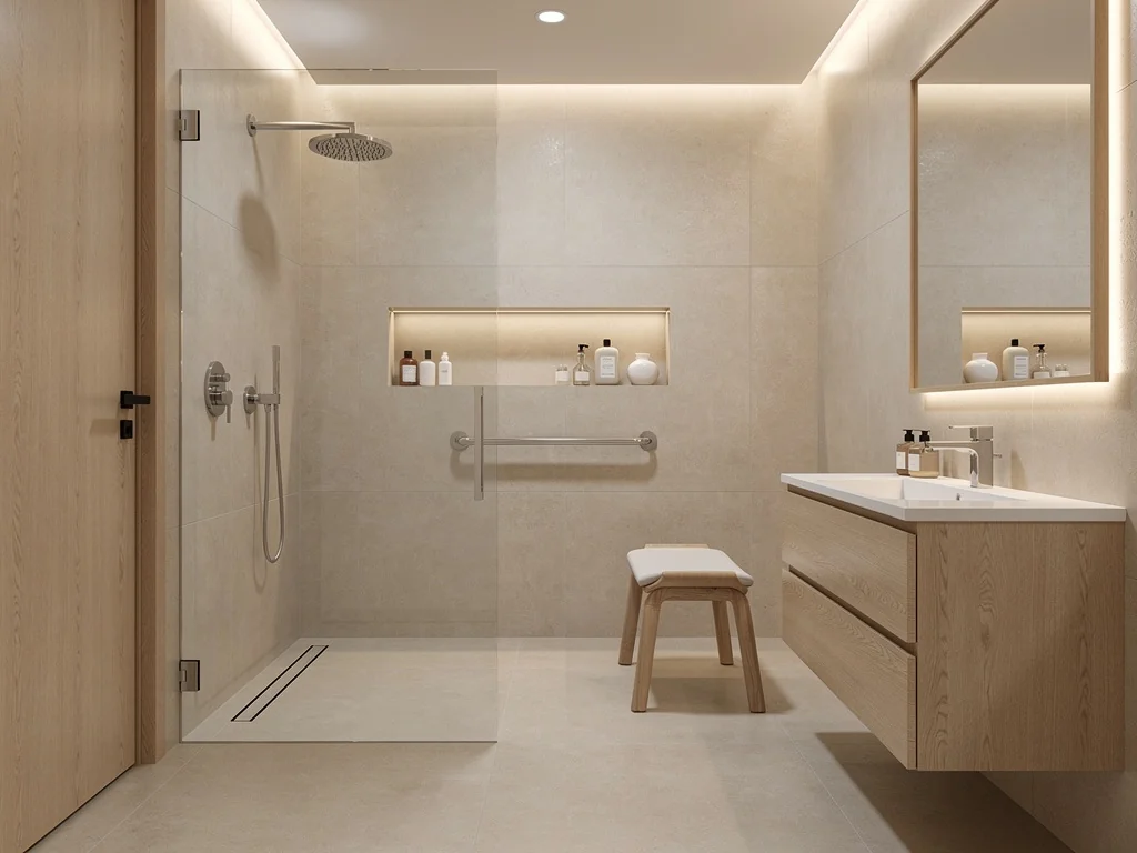 Douche à l'italienne sans ressaut aux tons beige et bois pensée pour les seniors