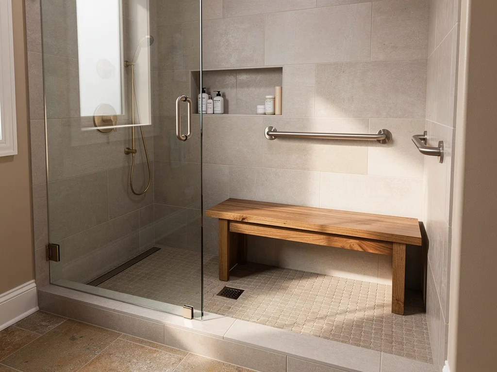 Salle de bain rénovée avec douche accessible, banc de douche et barre de maintien